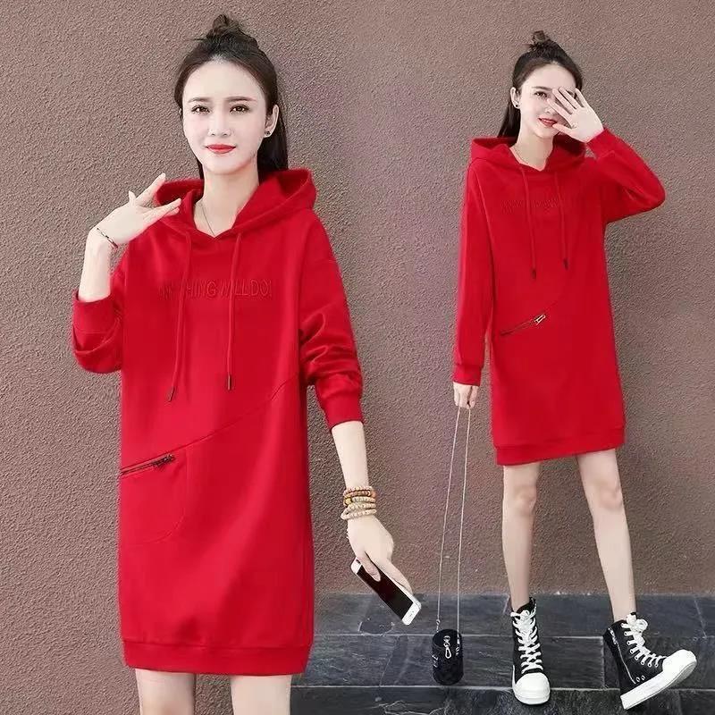 

Осенняя и зимняя одежда Утепленная толстовка с капюшоном больших размеров Средней длины Женский пуловер Свободная толстовка с капюшоном 4XL красный