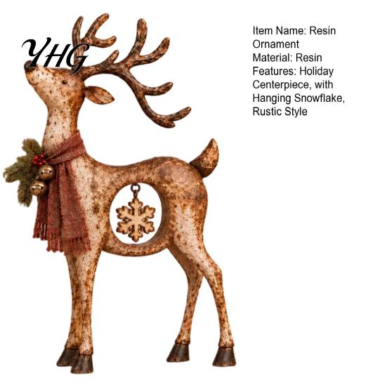 Farmhouse Christmas Home Decorations Rustic Reindeer Figurine, Resin Statue with Hanging Snowflake, Red Collectible Gifts for Friends Scarf And Bell,