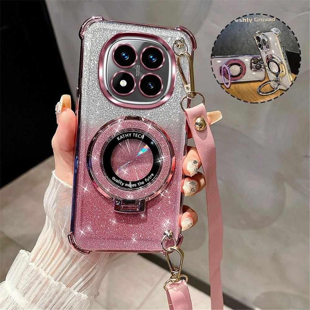 Crossbody Lanyard Glitter Holder Stand Case For Xiaomi Redmi 14C Note 14 15 Pro Plus 15 15C 14S 4G 5G Plating Shockproof Cover
