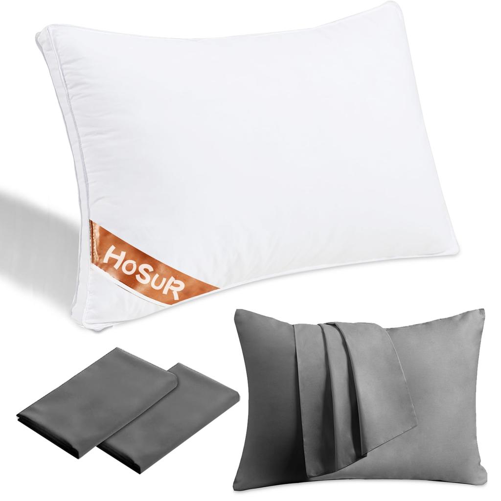 HOSUR Luxury Hotel-Quality Adjustable Pillow with Two Pillowcases, Side-Sleeping, Fully Washable, 3D Structure (43cm - 63cm), Includes Two Gray