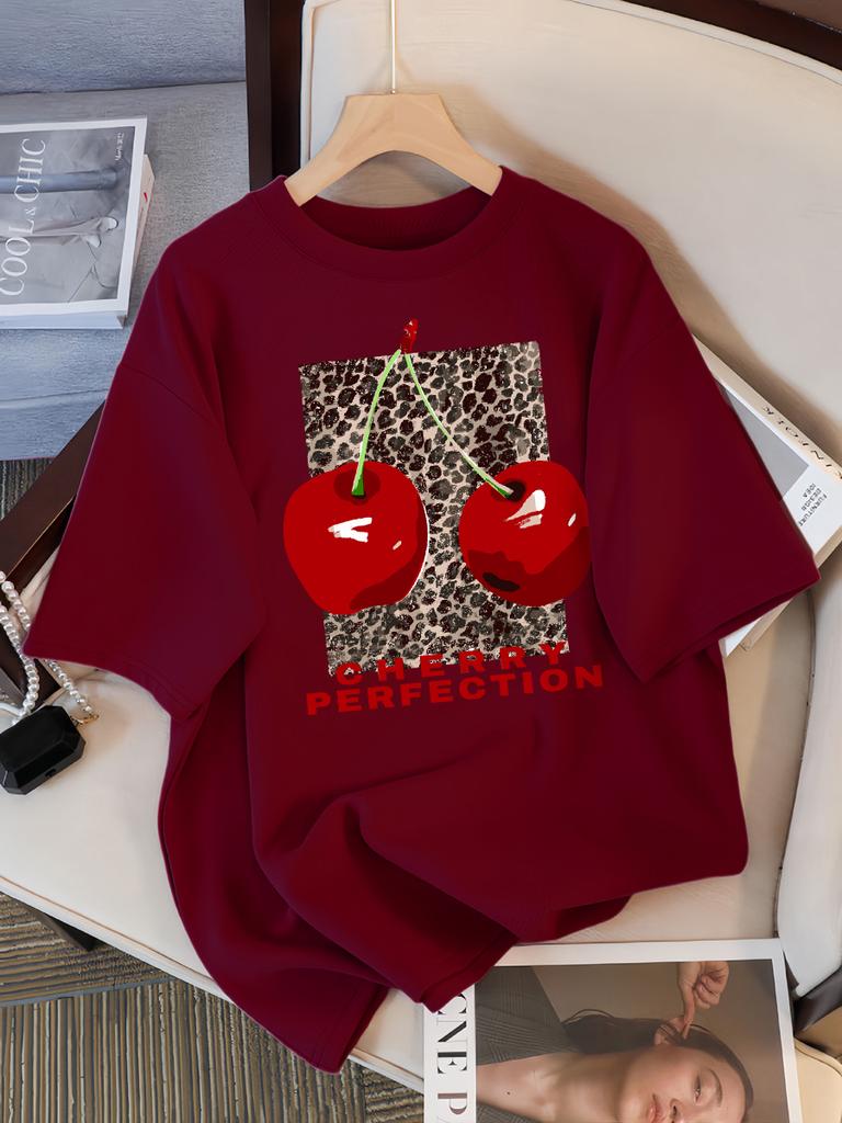 Fashion Leopard And Cherry Perfection Pattern T Shirt Women Summer Soft Tops Cotton All-Match Short Sleeve O-Neck Loose T-Shirts