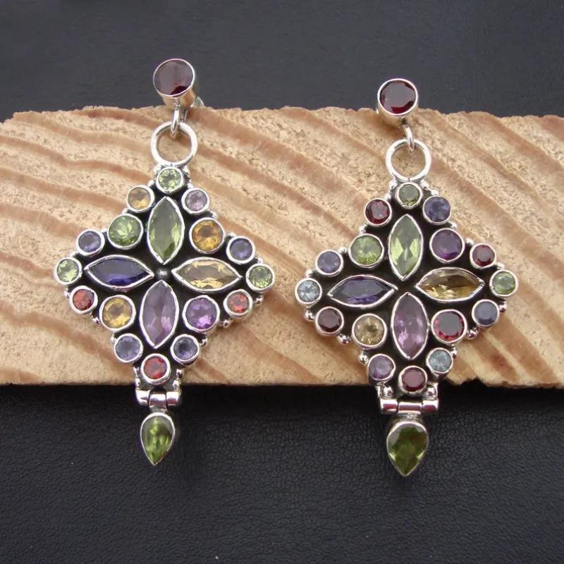 Vintage Oval Round Inlaid Purple Green Stone Flower Earrings Geometric Creativity copper Color Dangle Earrings for Women Jewelry