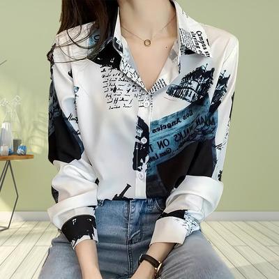 Hayvan Mavi Harfli Baskılı Kadın Bluz İlkbahar Sonbahar Chemise Femme Ofis Bayan Düğmeli Yaka Gömlekler Bayan Bluzlar Femme