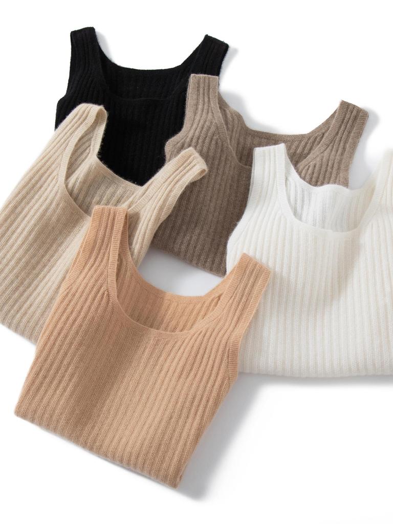 Women's Pure Cashmere Knit U-Neck Camisole Vest - Short, Sleeveless Base Layer for Spring & Autumn.