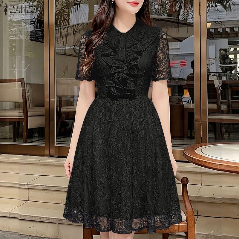 ZANZEA Women Elegant Round Neck Casual Lace Patchwork Ruffles Dress M