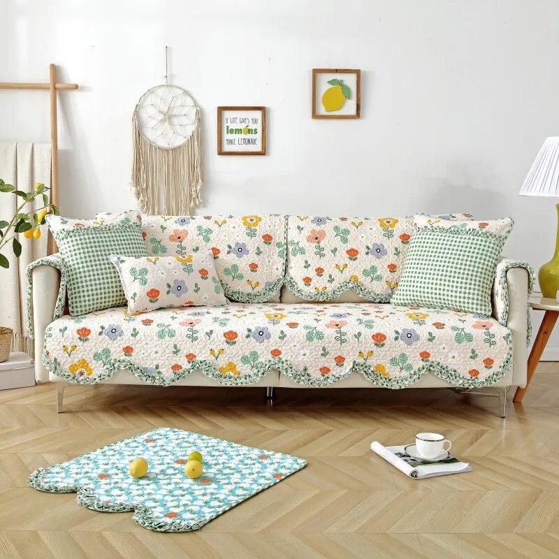 Cotton Printed L-shaped Sofa Cushion Wave Edge Anti Slip Settee Towel Universal All Year Round Lace Edge Sofa Cover  Pillowcase