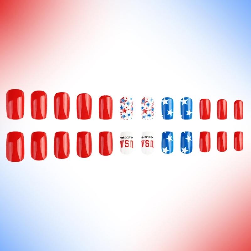 4. Juli Press-on-Nagel Quadratisch Französische Spitze Falscher Nagel Unabhängigkeit Falscher Nagel mit Amerikanischer Flagge Stern Aufkleb-Nagel
