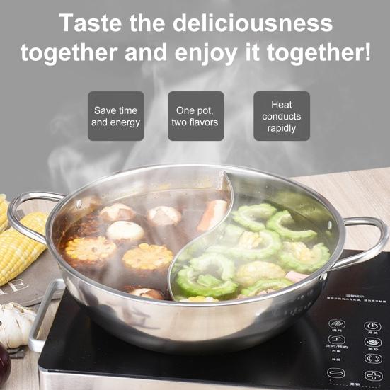 Double Flavor Hot Pot Stainless Steel Split Hot Pot with Anti-Scald Handles Chinese Induction Shabu Hot Pot for Kitchen Stove