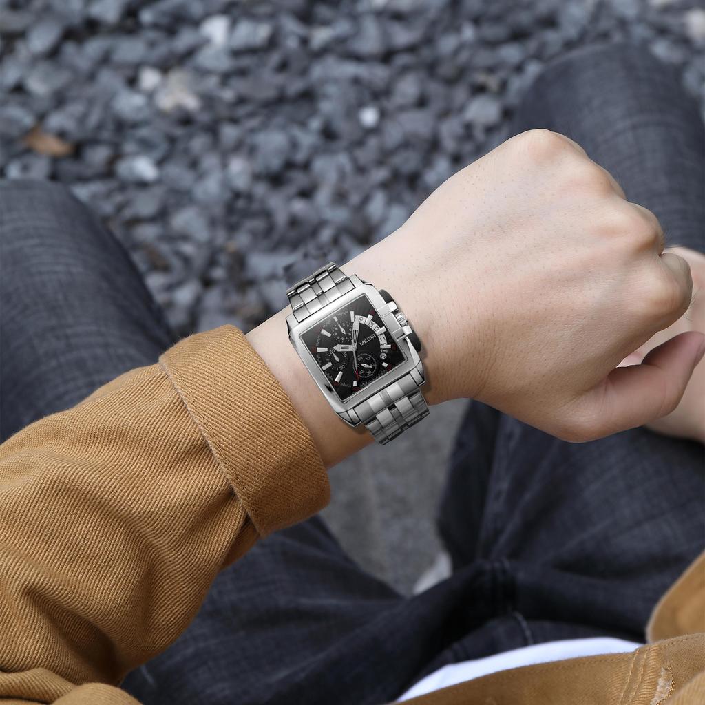 Megir Blau Edelstahl Männer Uhr Rechteck Große Zifferblatt Business Quarz männer Armbanduhren Relogio Masculino Militär Uhr Mann