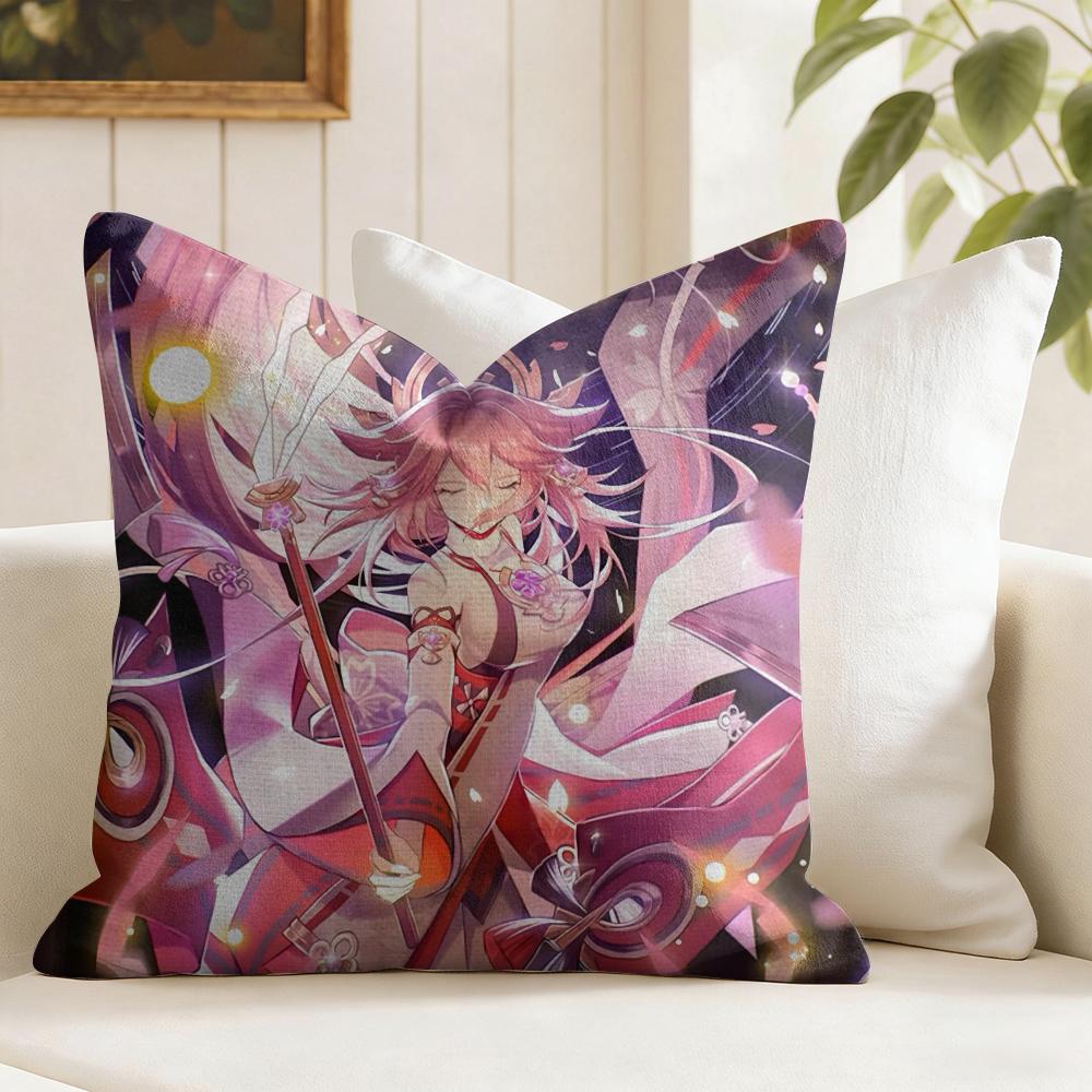 Yae Shrine Maiden Genshin Impact Cushion Cover Natural Linen Double Sided Print Throw Pillow Case for Sofa Couch Home Decor