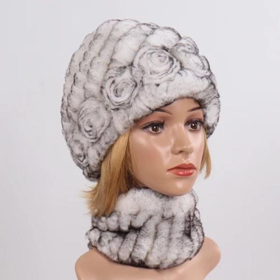 New Good Elastic Lady Winter Rex Rabbit Fur Hats Scarves Knitted Women Natural Fur Caps Scarves Sets 2 Pieces Hats Mufflers