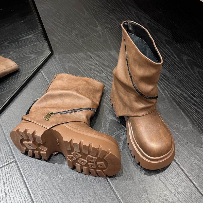 

Модные ботильоны в британском стиле 2025 осень/зима новые ретро ботинки с узким голенищем, мотоботы на толстой подошве с большой молнией 35