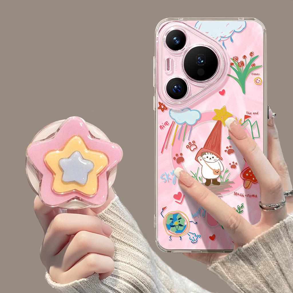 Mobile phone case with bracket is suitable for Huawei pura90promax graffiti cat 80ultra magnetic suction 70 + summer cover.