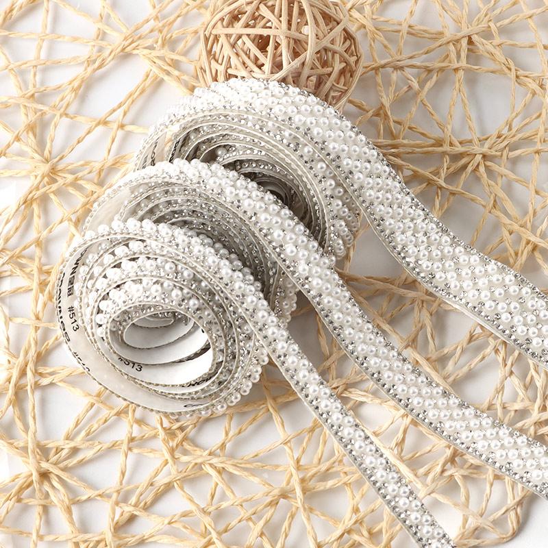 (91cm/pack) 1cm/1.5cm/2cm Pearl Rhinestone Lace Self-adhesive Diamond Ribbon Wedding Dress Clothing Home Decoration DIY