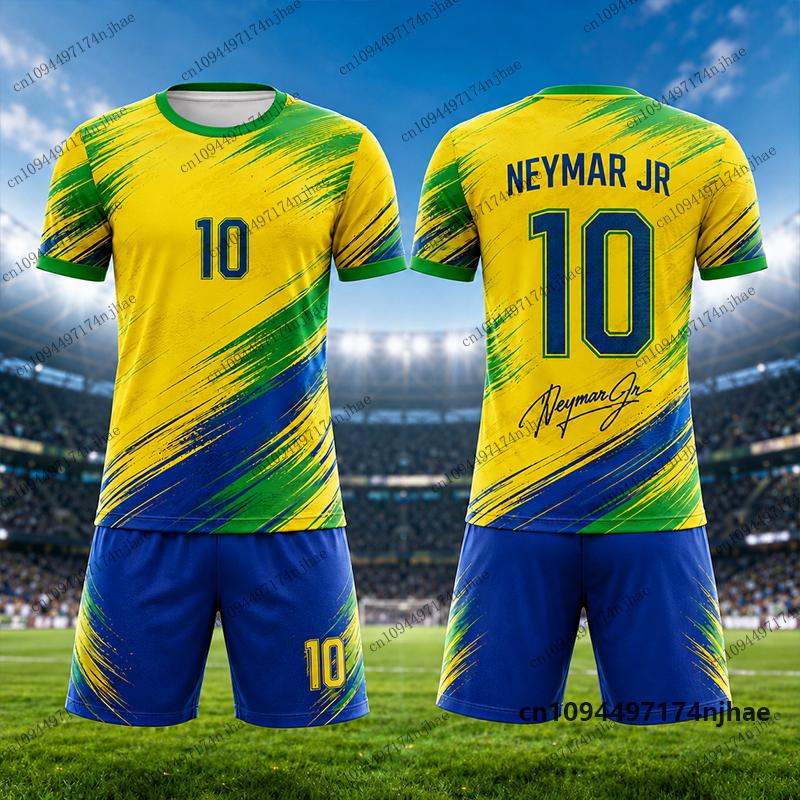 2026 Dětská tepláková souprava Brazilští fanoušci Neymar Č. 10 Potisk Tričko+Kraťasy Sety Fotbalový dres Oblek Sportovní Dětské/Dospělé oblečení