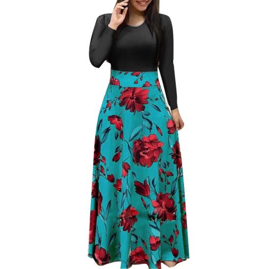 Damen O-Ausschnitt Lang Kurzarm Blumenmuster Großer Saum Tailleneng Maxi-Kleid