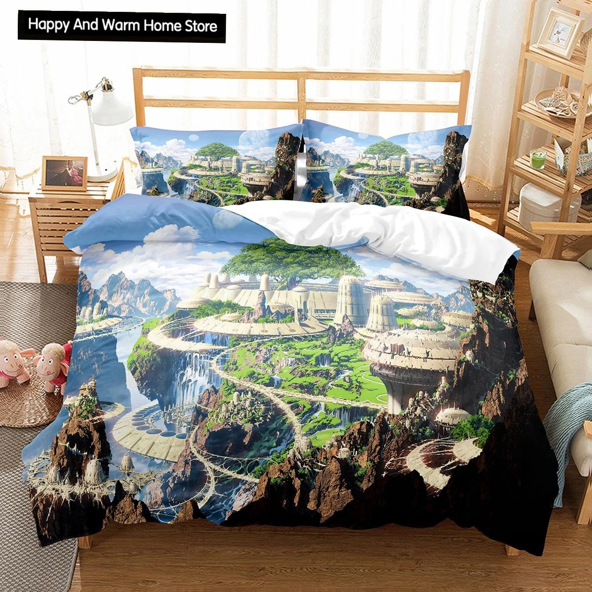 Cartoon Fantasy World King Queen Duvet Cover Magic Castle Bedding Collection Mythical Landscape Quilt Cover Polyester Comforter Cover EU single(135x200cm)
