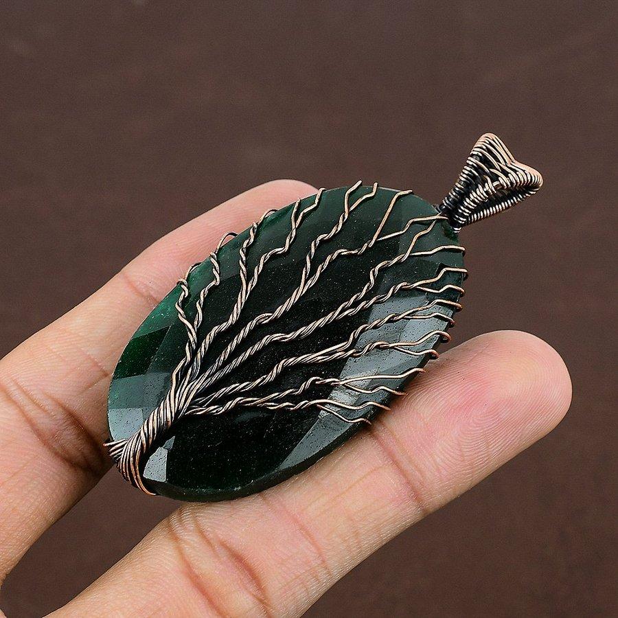 Emerald Natural Gemstone Handmade Copper Wire Wrap Pendant 2.84" l7G71