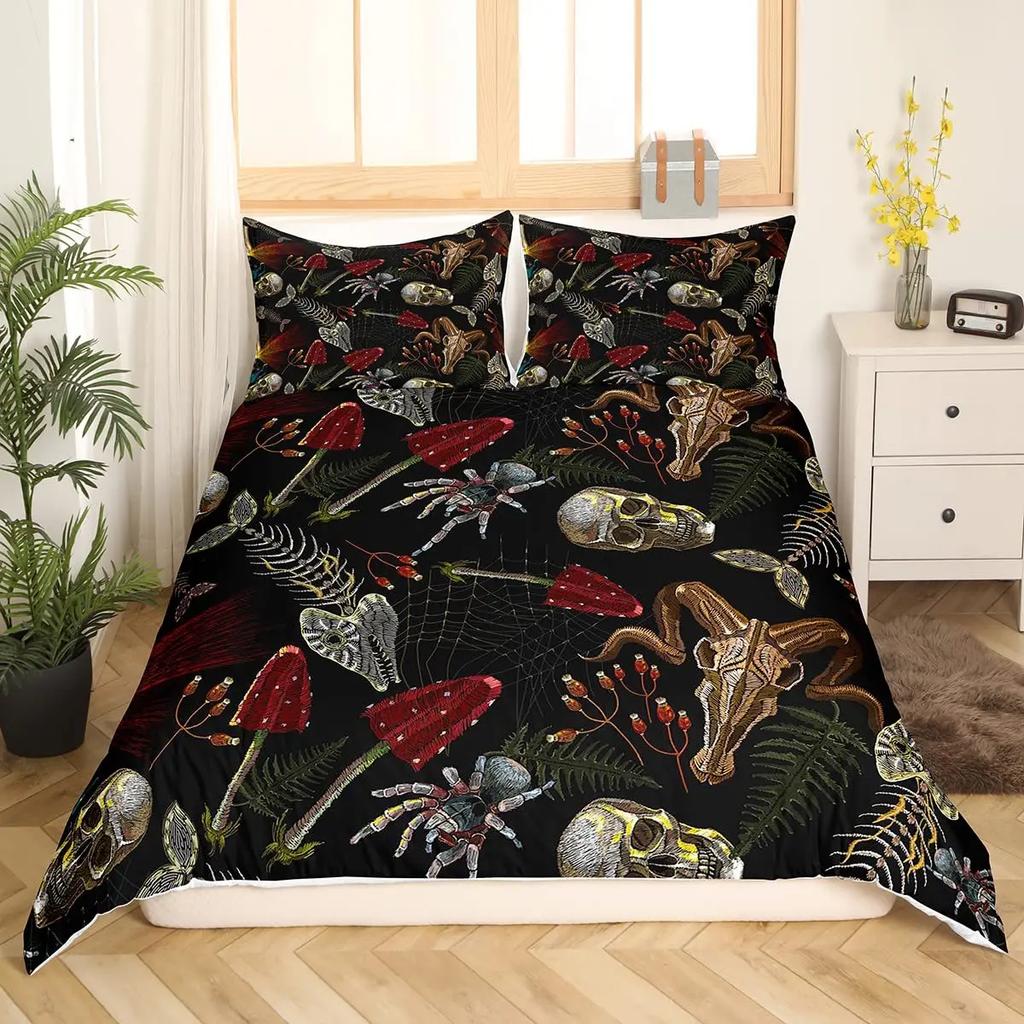 Horror House Duvet Cover Set Art Pentagram Goat Skull Devil Dream Hooded Exorcist Image Decorative Bedding SetKing Size Blue