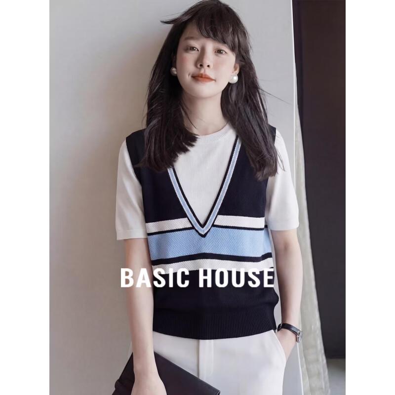 Basic House Women s Faux 2-Piece Striped V-Neck Knit T-Shirt M