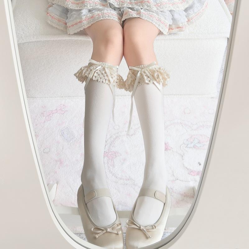 

Lolita Multi-Layer Lace Knee Socks Girl Bow Stockings Japanese Calf Socks Black Pure Desire One size fits all
