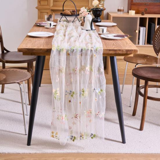 Bestickter Blumiger Tischläufer Transparenter Tüll Tischläufer Schmetterlingsblumen Tischläufer für Esstisch Hochzeit Babyparty Frühlingsfest