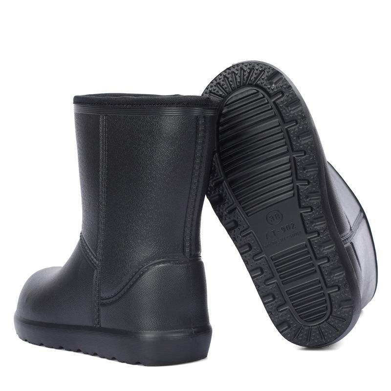 Aote Step-On Rain EVA Mid-Calf Boots 902, Black Cotton-Lined Non-Slip Rubber Shoes for Winter, Car Washing, Fishing, and Labor Protection.