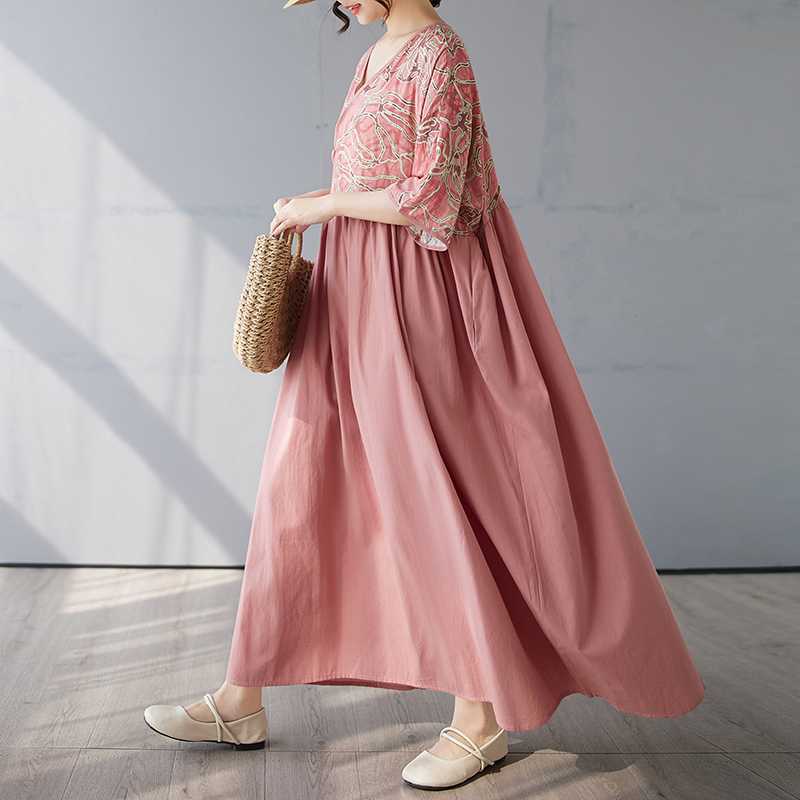 Cotton and Linen Patchwork Retro Style Dress, Long Skirt