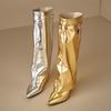 Gold Silber Keilabsatz Hai Stiefel Damen Umschlagbar Metallverschluss Dekor Weiches PU Kniehoch Absatz Stiefeletten Schuhe Spitze Zehenpartie Laufschuhe