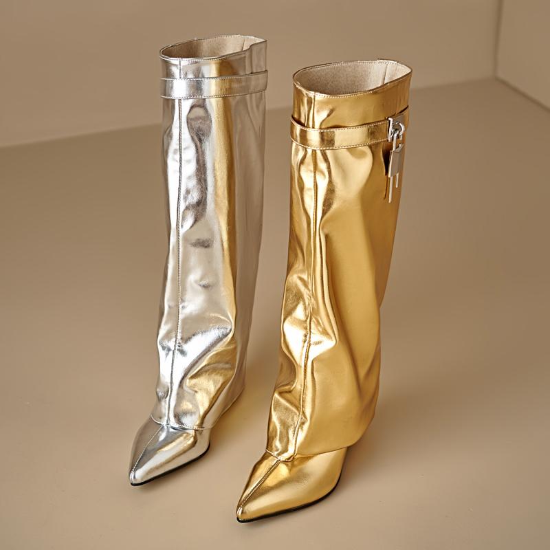 Gold Silber Keilabsatz Hai Stiefel Damen Umschlagbar Metallverschluss Dekor Weiches PU Kniehoch Absatz Stiefeletten Schuhe Spitze Zehenpartie Laufschuhe