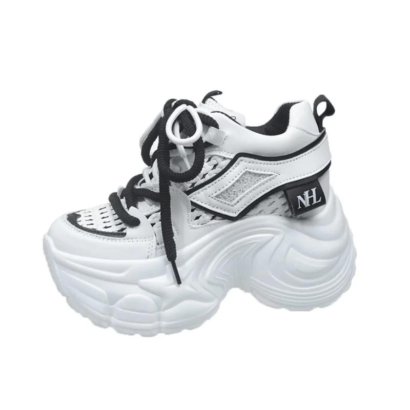 

9CM New 2025 Chunky Leather Sneakers Summer Casual Vulcanized Shoes Woman High Platform Breathable Mesh Sneakers Sport Dad Shoes 34