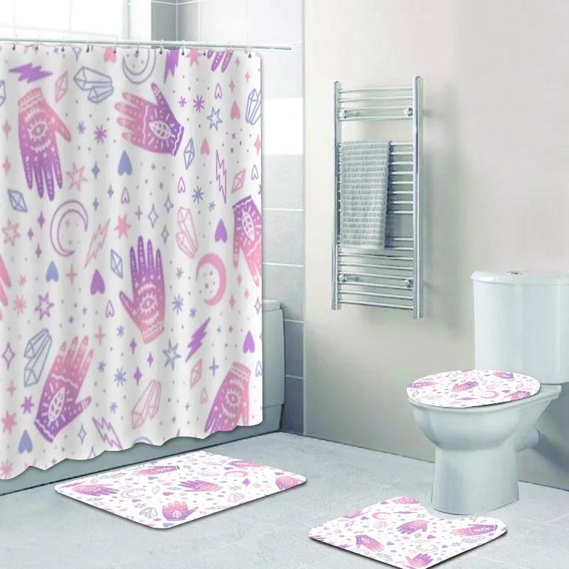 

Girly Bohemian Black Alchemy Magic Witch Witchcraft Bathroom Shower Curtains Set Halloween Skull Tarot Bath Mats Rug Home Decor W60H190(CM)-1 Pcs