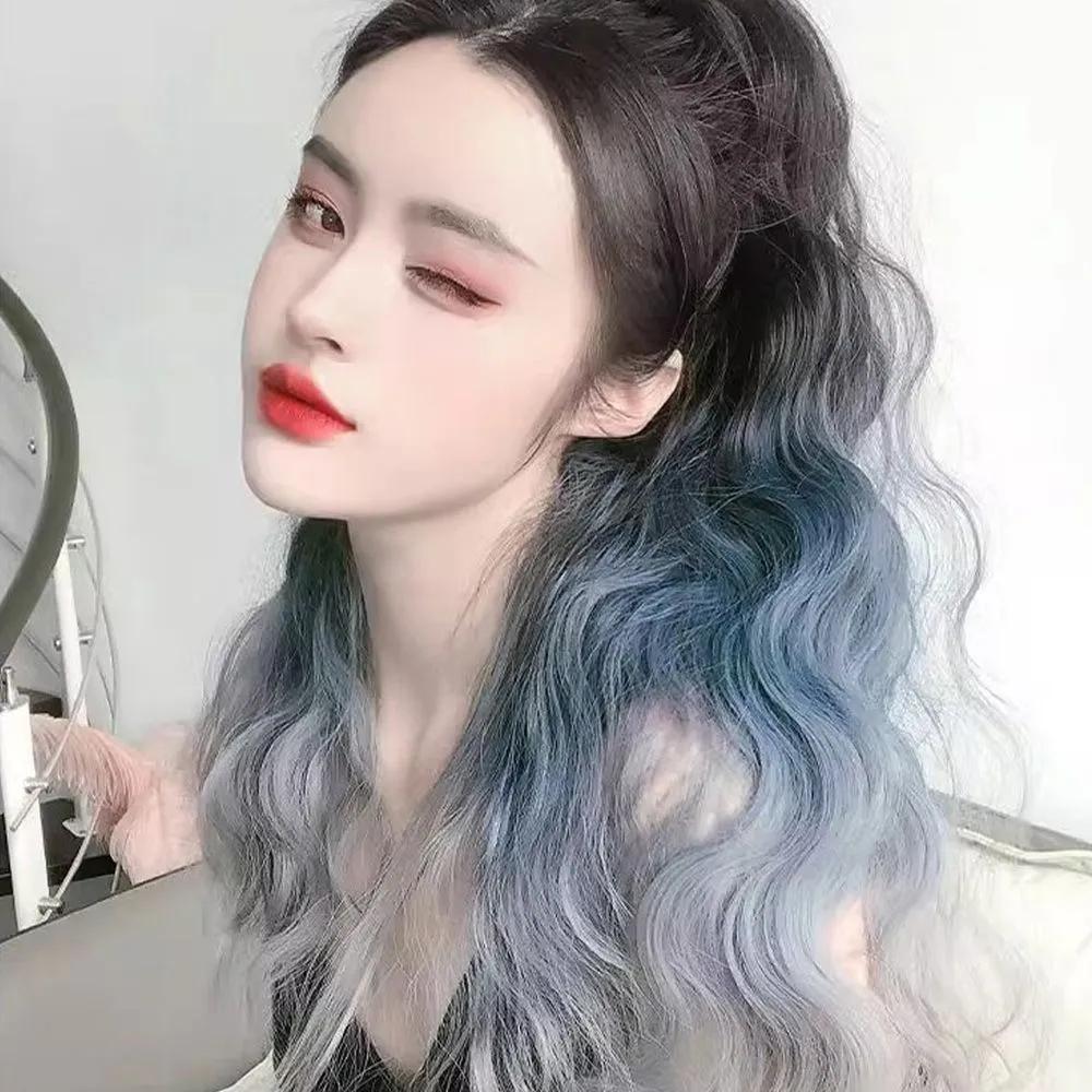 Gradient ponytail wig, clip wig, hair extensions, updo, tied-up hair wig, wave wig clip, color hairpiece, highlights Blue-gray straight hair