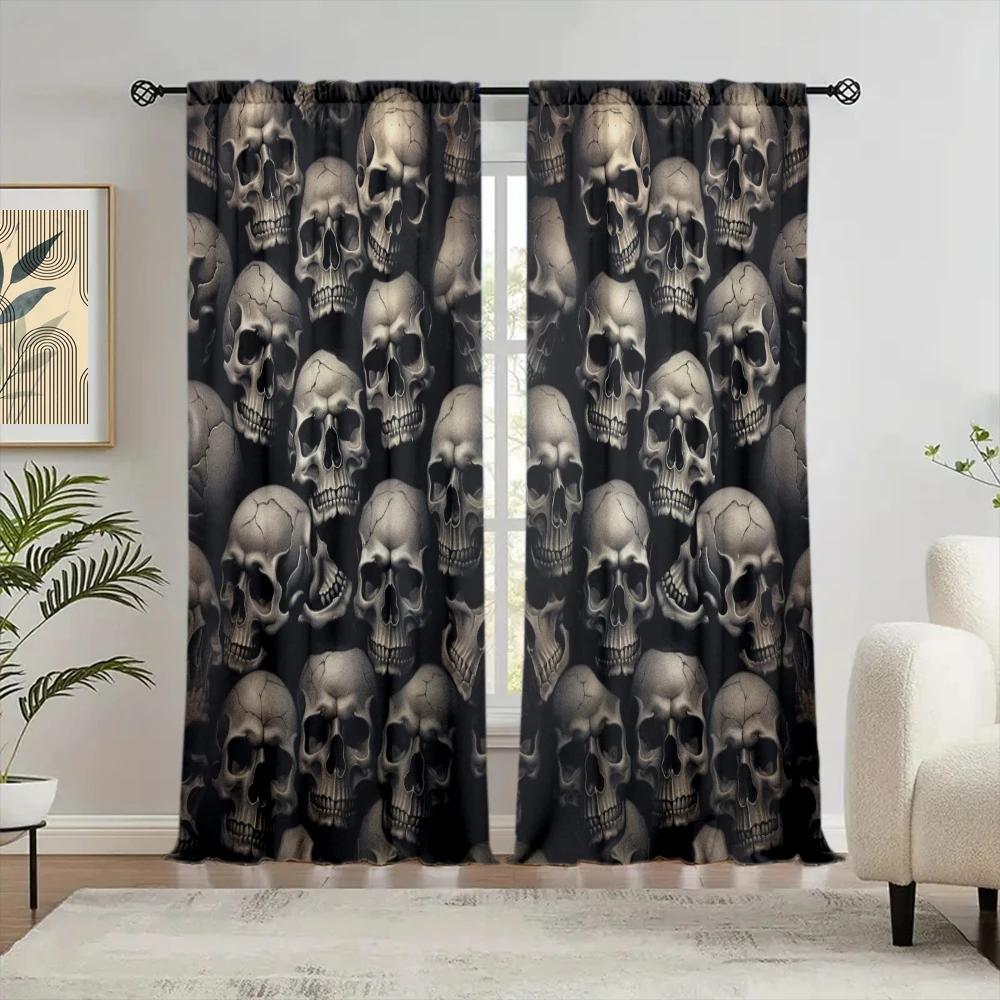2pcs Skull Printed Curtain for Home Decor - Rod Pocket Window Treatment for Bedroom, Office, Kitchen, Living Room, and Study