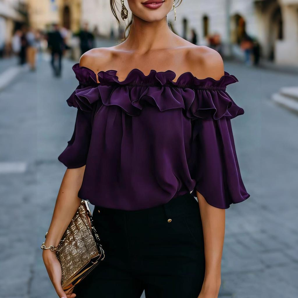Blusa Estiva da Donna a Spalle Scoperte con Volant e Maniche Corte, Taglio Ampio Casual per Uso Quotidiano e Vacanze