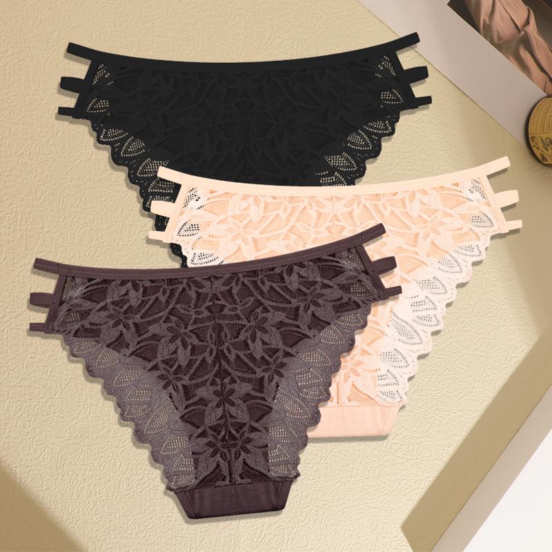 3Pcs Women's Three Belts Underwear Sexy Lace Hollow Out Panties Female Low-Waist Breathable Briefs Stretch Soft Lingerie