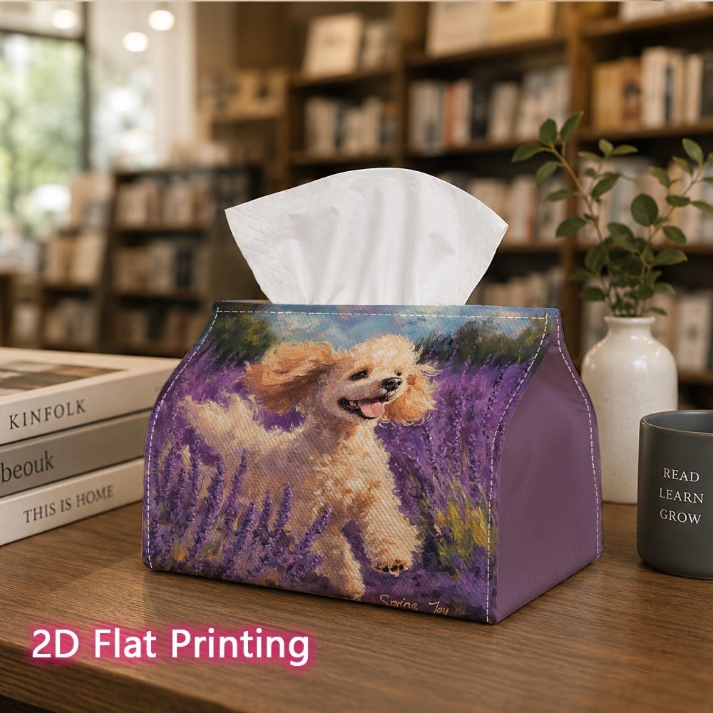 1pc, 2d Flat Printing, Tissue Box Happy Spring: Happy Dog Pattern In Lavender Fields Printed Tissue Box, Suitable for Vacation Home Decoration, Kitche