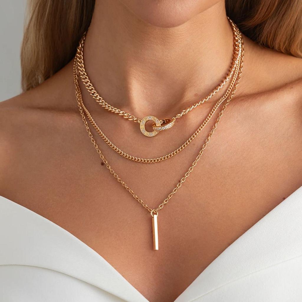 Salircon Fashion Double Circle Straight Bar Multi-layer Chain Necklace Women's Creative Exquisite Metal Pendant Necklace Jewelry
