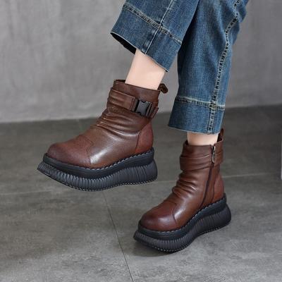 Botines de Cuña para Mujer de Cuero Genuino de Suela Gruesa con Hebilla de Cinturón y Cremallera Lateral, Botas de Algodón Cálidas y Felpa