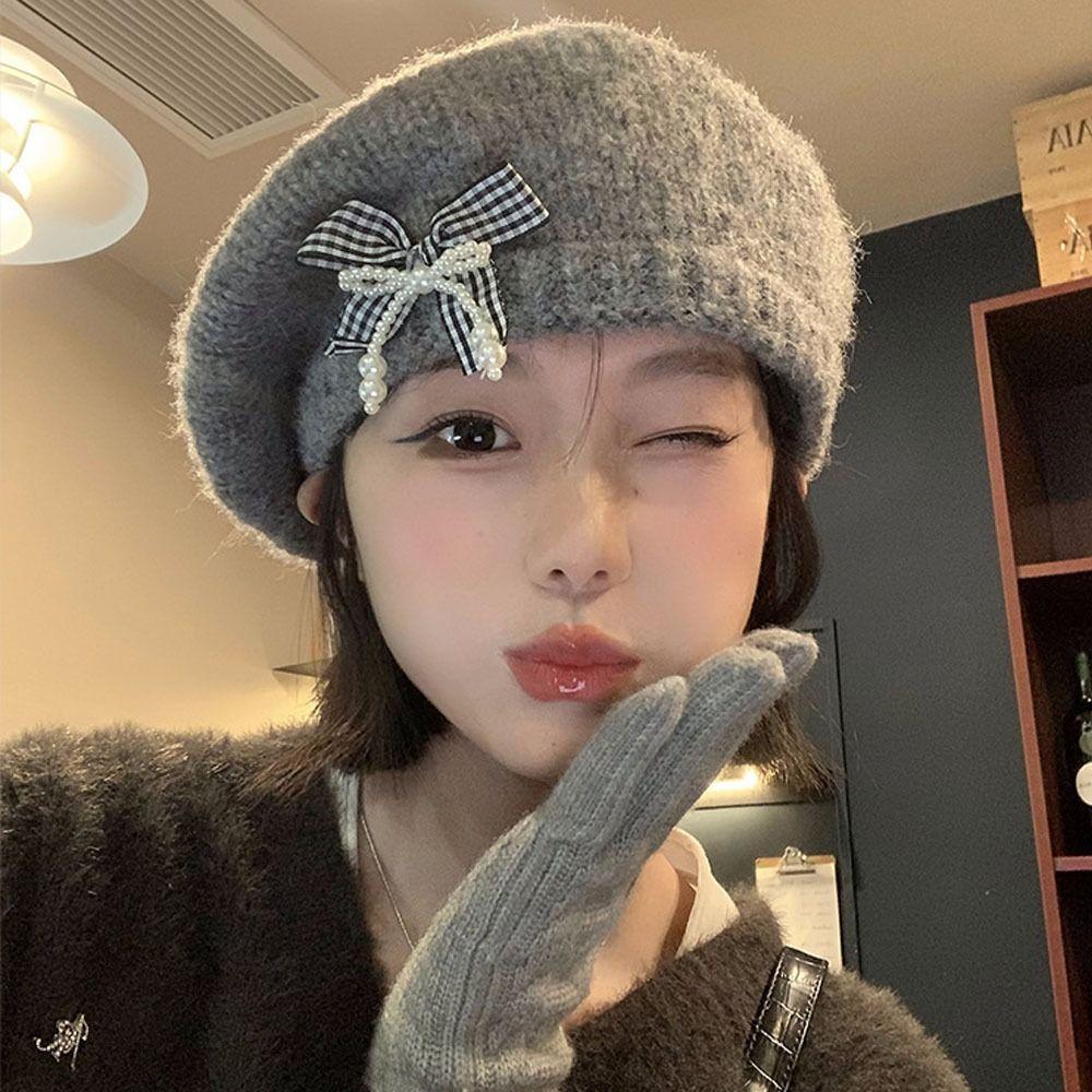Solid Color Beanie Cap Pearl Plaid Artist Painter Cap Knitted Beret Hat  Autumn and Winter Warmth