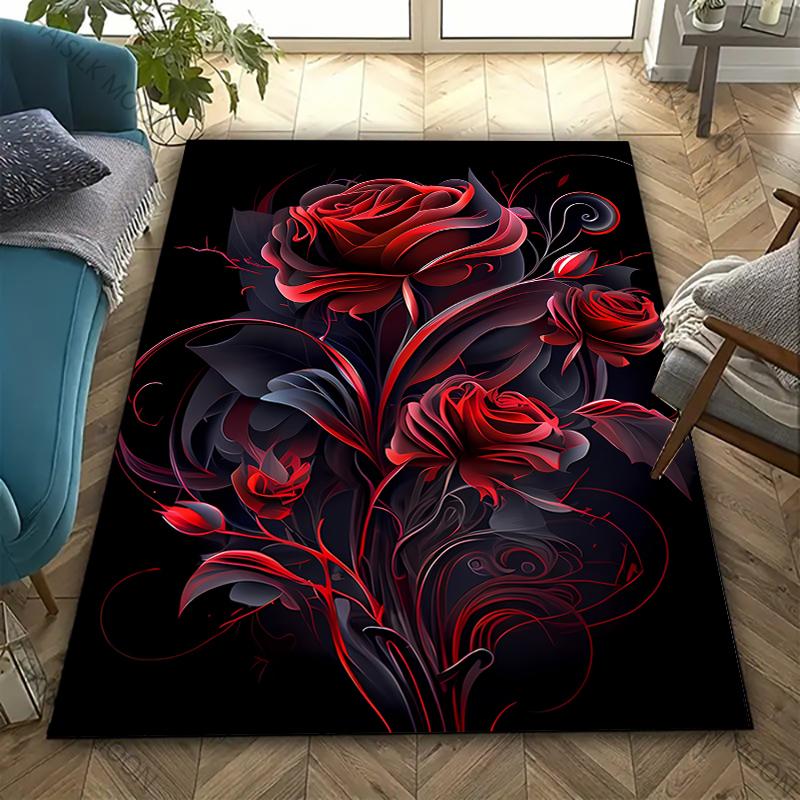 15 Sizes Dark Red Rose Art Carpet Rug for Living Room Bedroom Sofa Doormat Non-slip Floor Mat, Modern Style Mat Wonderful Gift