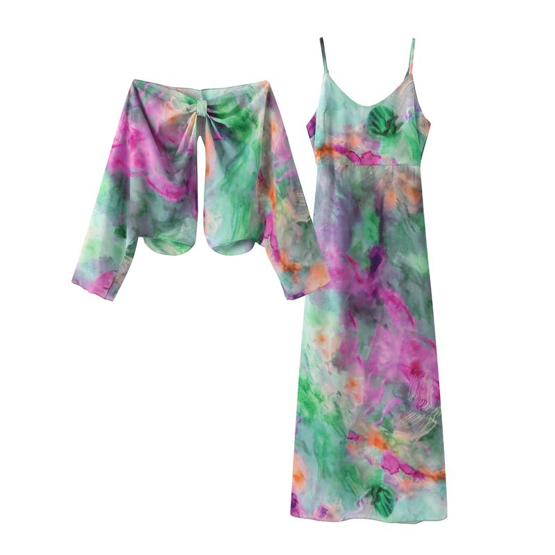 Fashion Elegant Print Dress Women Sexy Off Shoulder Backless Tie-dye Suspender Female Dresses 2 Piece Slash Neck Vacation Lady Robes