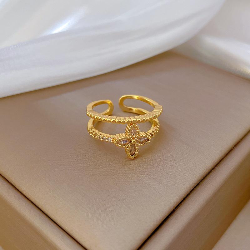 Real Gold Electroplated Opening Double-Layer Women'S Fashion Slightly Inlaid Light Luxury Ring Index Finger Ring, The Same Cold Wind