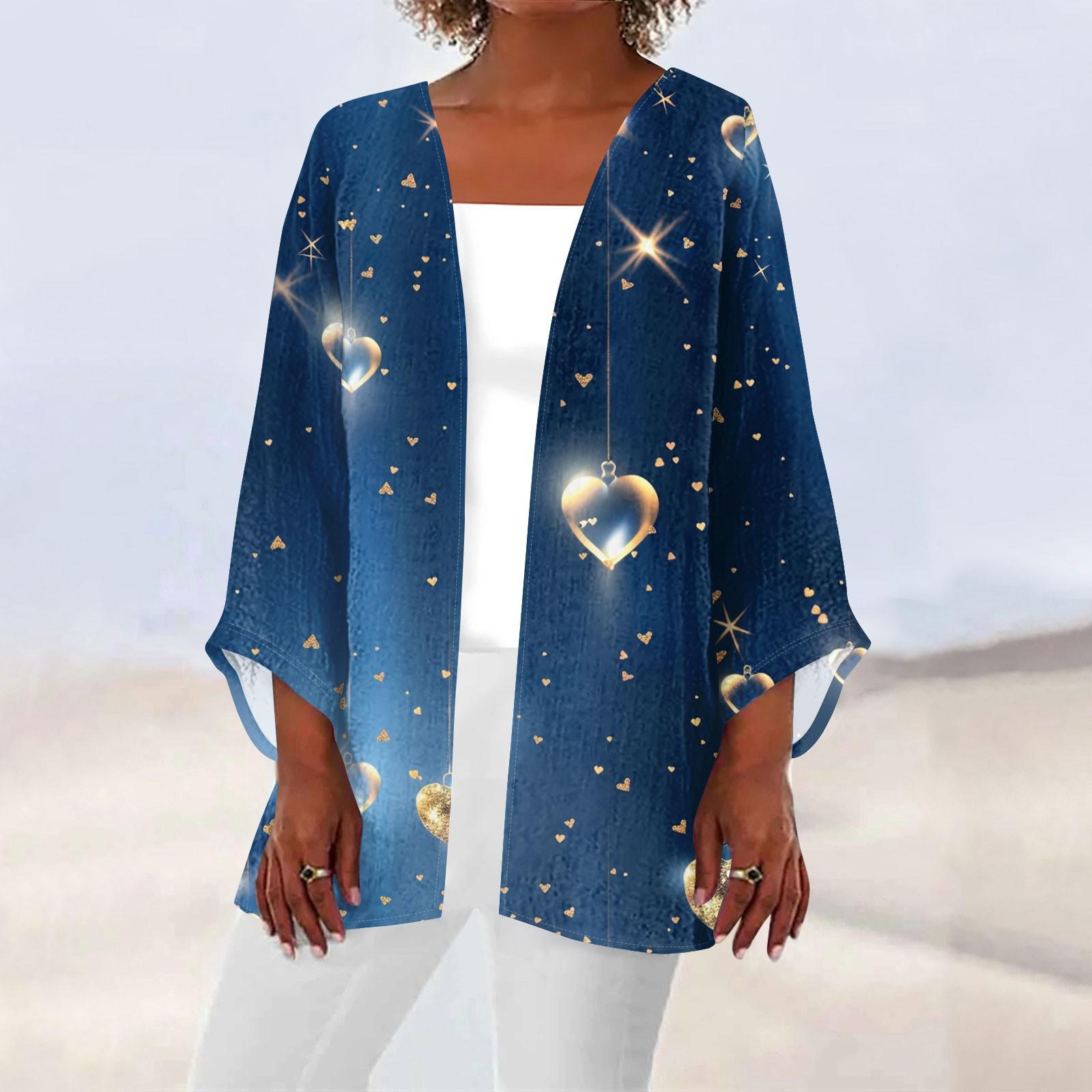 

Женская повседневная и модная легкая куртка средней длины с принтом ко Дню святого Валентина, кардиган L синий