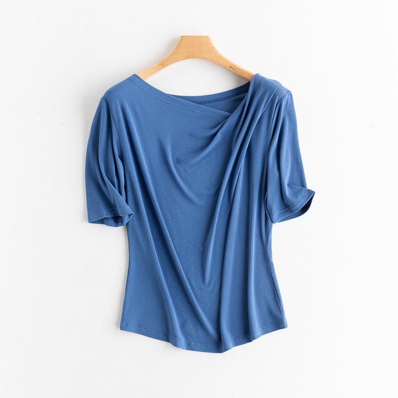 

Yu Yue 2025 Summer Mulberry Silk Cowl Neck French T-shirt - Cool, Comfortable, Breathable Short Sleeve M французька синього кольору