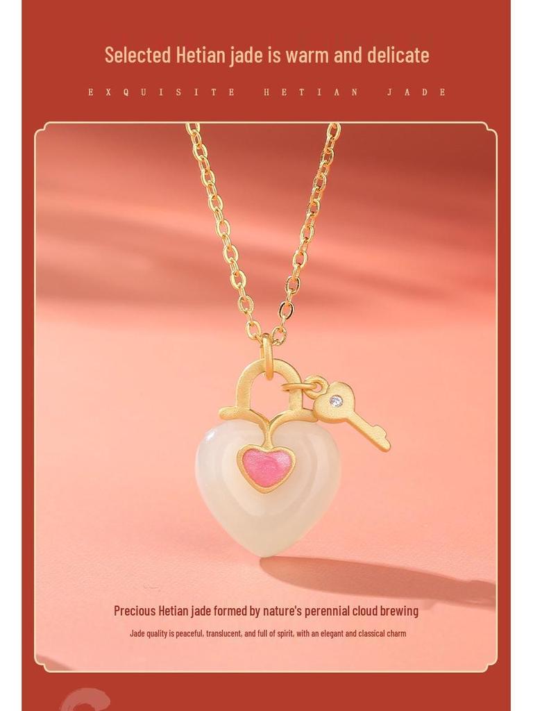 Romantic Heart Enamel Clavicle Necklace in Natural Hetian Jade & S925 Silver