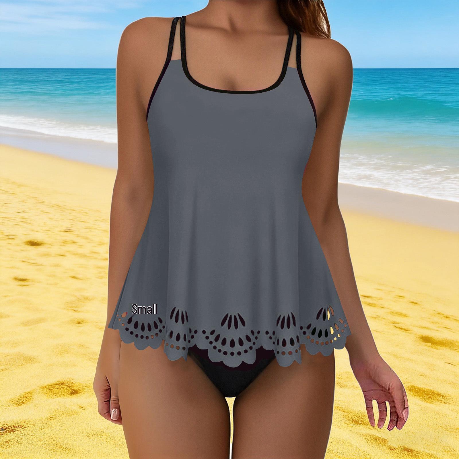 2026 Цветочный Кружевной Раздельный Танкини с Высокопосаженными Брюками L серый