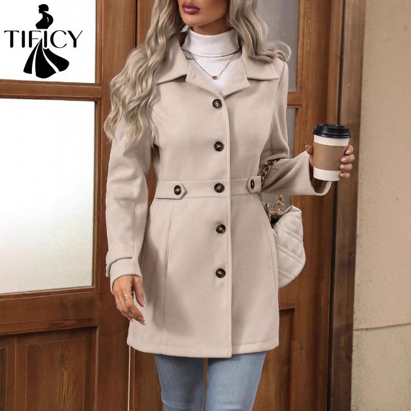 TIFICY Women's Fashion Casual Solid Color Print Autumn Winter Long Sleeve POLO Neck Jackets & Coats
