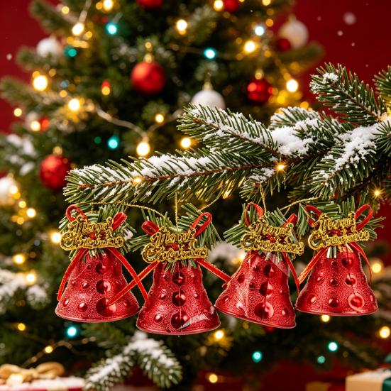 Thickened Electroplated Bell Christmas Ornament with Red Ribbon Bow, Small Jingle Gift Box Accessory Tree Hanging Decoration for Tree, Garland,