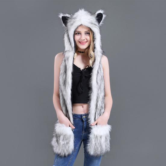 Hoods Hat Fur Hood Scarf Fluffy Animal Factor Comfortable Full Scarves Pockets Ear Flat Cap for Winter